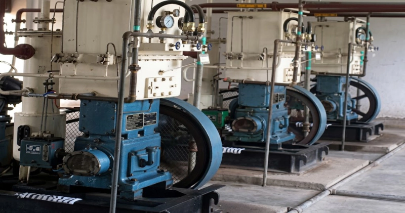 2Z series acetylene compressor installed at dissolved acetylene cylinder filling plant showing compressor unit and associated pipework