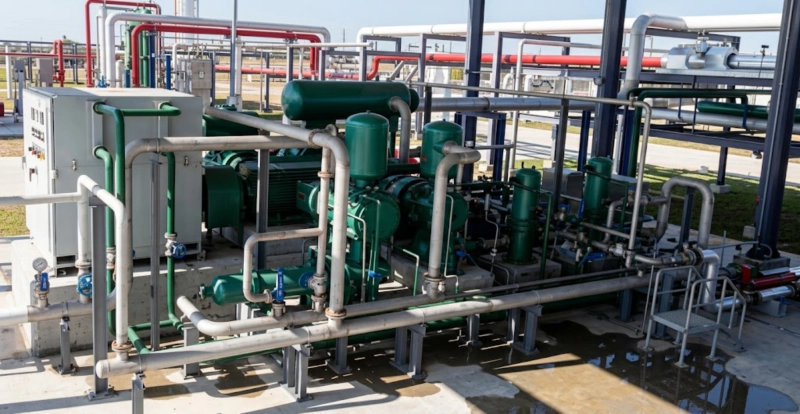 4MW series CO2 compressor installed and operating at industrial user site showing full skid package with piping and control panel