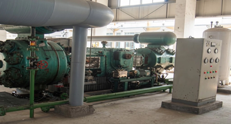 D series process gas compressor installed at chemical plant showing single-column horizontal configuration in industrial service
