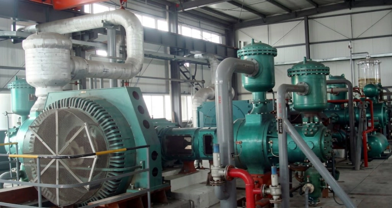 DW series CO2 compressor installed and operating at industrial user site showing complete skid package with piping and instrumentation
