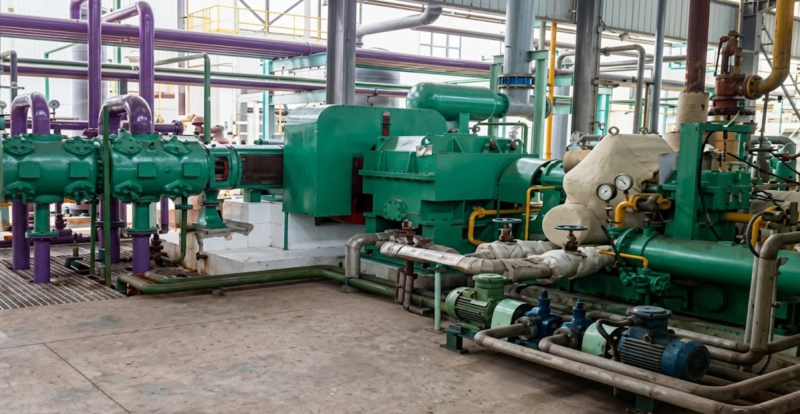 DW series gas compressor installed at industrial plant showing two-column opposed-balance configuration in pipeline gas transmission service