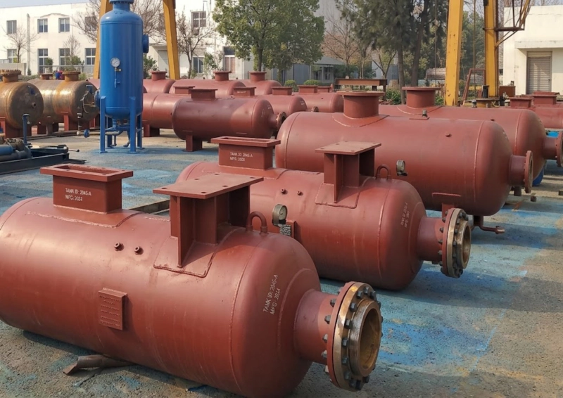 pressure vessels awaiting shipment after fabrication hydrostatic testing and inspection carbon steel industrial gas storage compressed air
