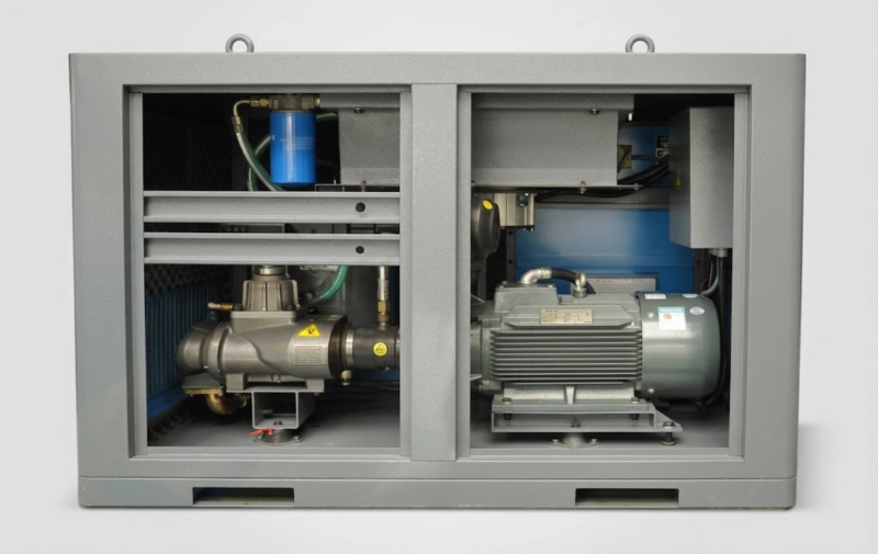 rear view of screw compressor showing integrated oil separator aftercooler and PLC control panel twin-screw rotary industrial air compressor